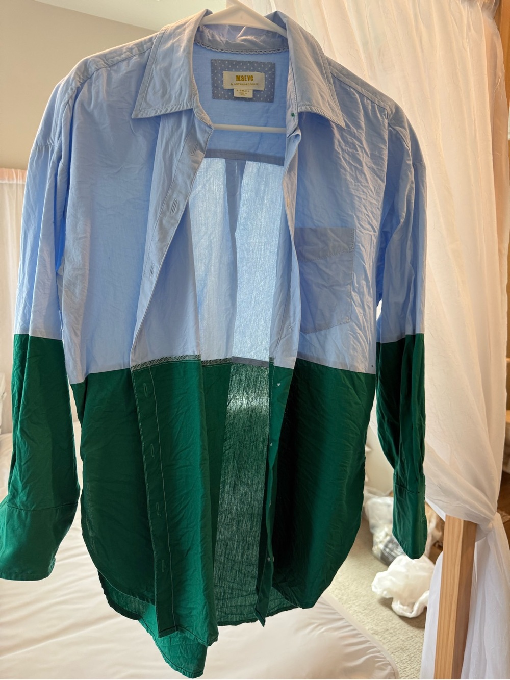 Anthropologie Two-Tone Light Blue and Forest Green Shirt Jacket